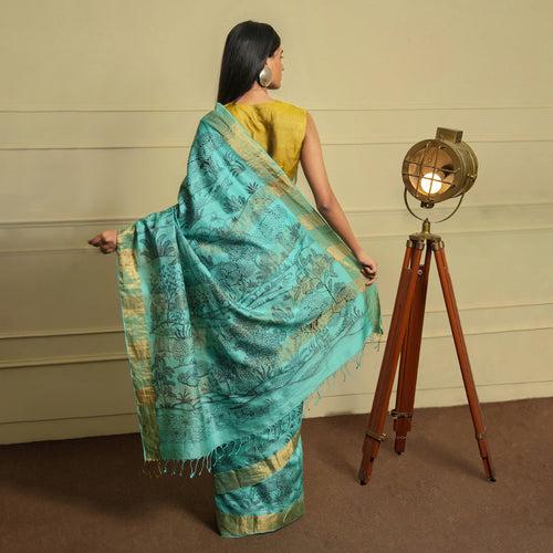 PATTACHITRA Handwoven Tussar Silk Saree - Sapphire Blue