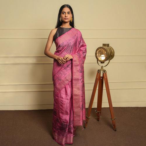 PATTACHITRA Handwoven Tussar Silk Saree - Rouge Pink