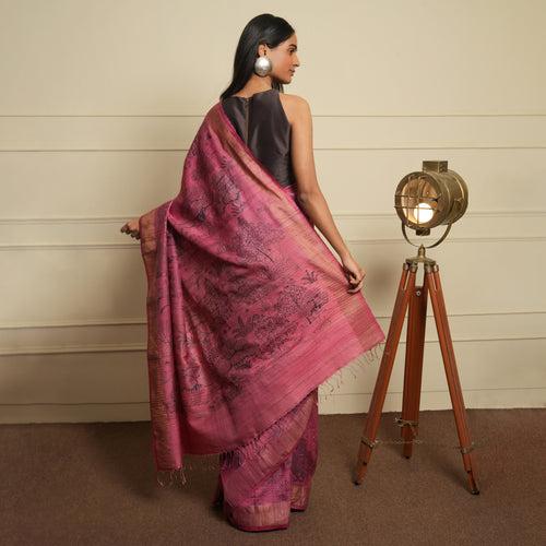 PATTACHITRA Handwoven Tussar Silk Saree - Rouge Pink