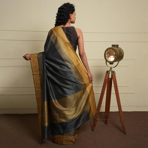 IKAT CHECK Handwoven Tussar Silk Saree - Deep Grey & Molten Gold
