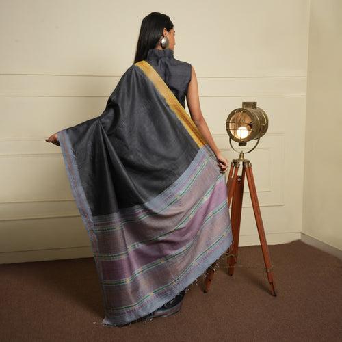 SAGAR Handwoven Tussar Silk Saree - Slate Grey