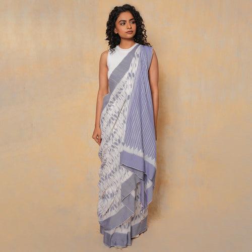 DISHA Handloom Cotton Ikat Saree - White and Blue