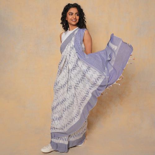 DISHA Handloom Cotton Ikat Saree - White and Blue