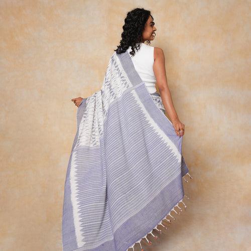 DISHA Handloom Cotton Ikat Saree - White and Blue