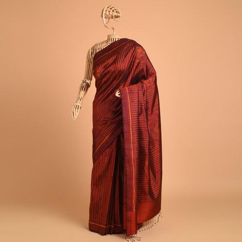 GULAAB Ikat Long Pallu Handwoven Silk Sari -  Rust Red