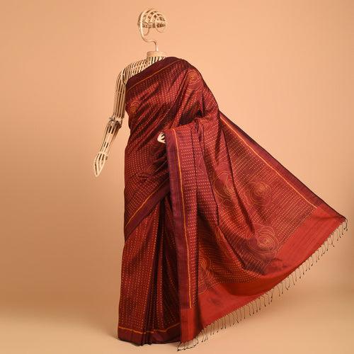 GULAAB Ikat Long Pallu Handwoven Silk Sari -  Rust Red