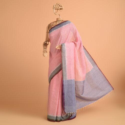 LINEN IKAT Handwoven Sari - Blush