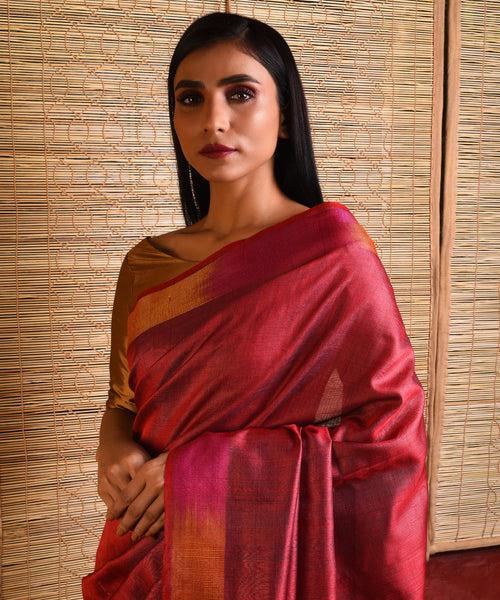 Ikat Tussar Satrang Handwoven Silk Saree - Wine Maroon