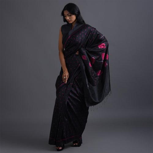 GULAAB Ikat Handwoven Silk Saree - Black