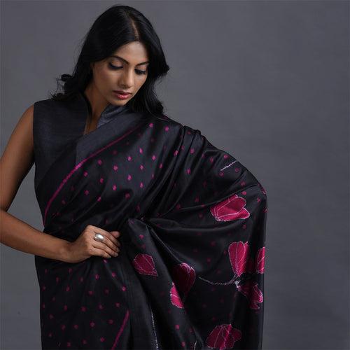 GULAAB Ikat Handwoven Silk Saree - Black