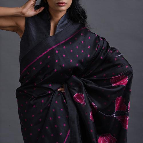 GULAAB Ikat Handwoven Silk Saree - Black