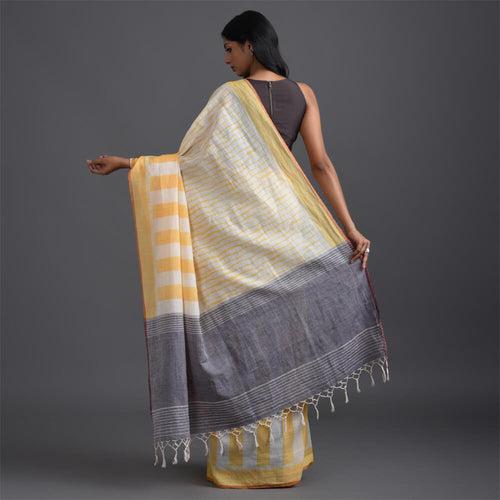 LINEN IKAT Handwoven Saree - Yellow