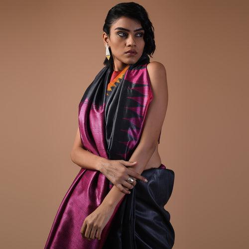 KUMBHA Handloom Tussar Silk Sari - Dark Slate