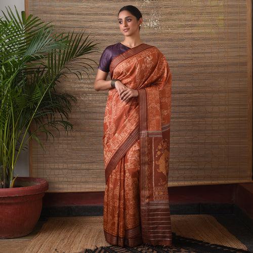 IKAT MASTERPIECE Asta Dikpala Handwoven Silk Saree - Rust Orange