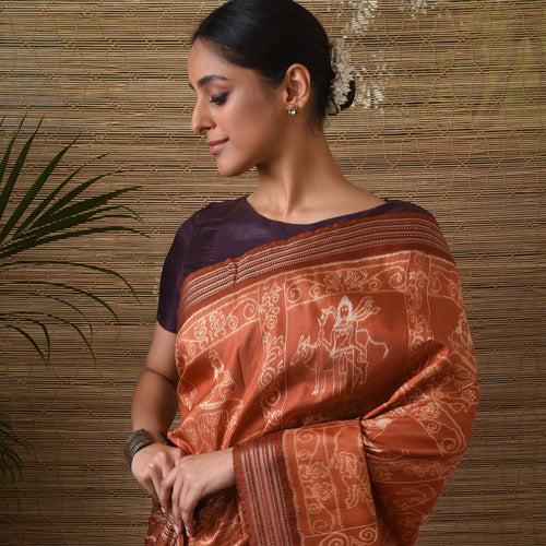 IKAT MASTERPIECE Asta Dikpala Handwoven Silk Saree - Rust Orange