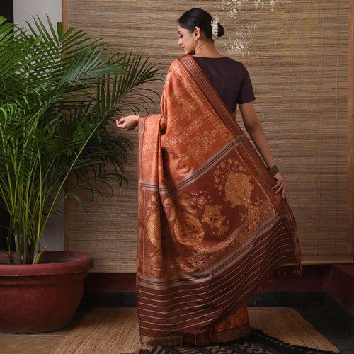 IKAT MASTERPIECE Asta Dikpala Handwoven Silk Saree - Rust Orange