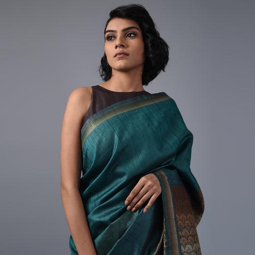 JHOTI Handwoven Tussar Silk Saree - Dark Cyan