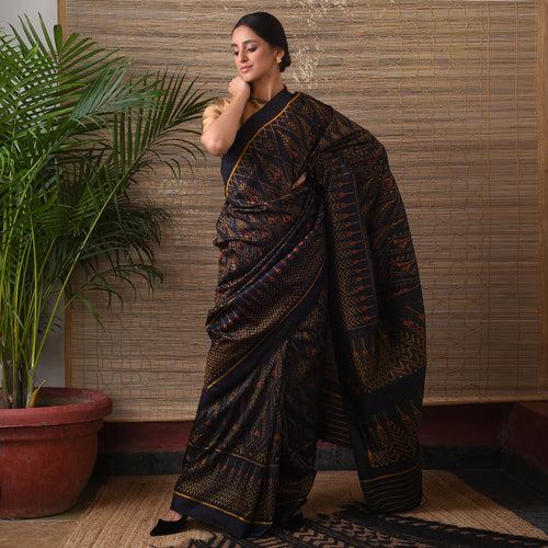 SARONG Handwoven Ikat Silk Saree - Black