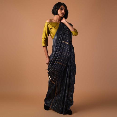 JHOOM Handwoven Tussar Silk Saree - Black