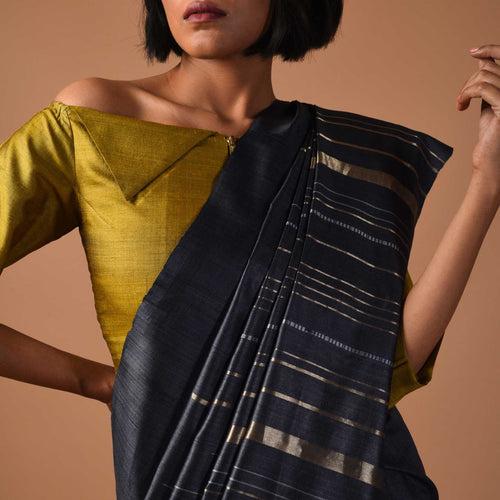 JHOOM Handwoven Tussar Silk Saree - Black