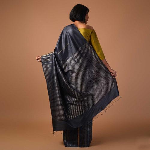 JHOOM Handwoven Tussar Silk Saree - Black