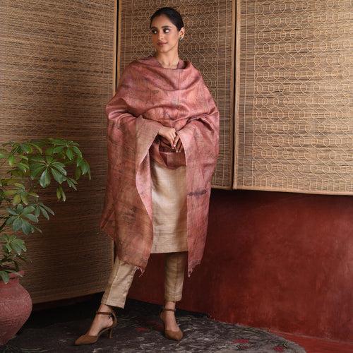 Eco Print Handwoven Tussar Silk Dupatta - Light Red