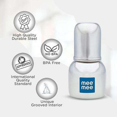 Mee Mee Baby Premium Steel Feeding Bottle for Babies/Infants/Toddlers with Advanced Anti Colic System, BPA Free, Soft Silicone Teat & Ergonomic Design (Silver, 120ML)
