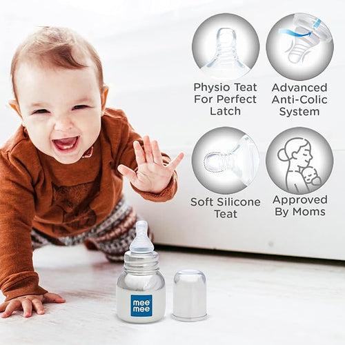 Mee Mee Baby Premium Steel Feeding Bottle for Babies/Infants/Toddlers with Advanced Anti Colic System, BPA Free, Soft Silicone Teat & Ergonomic Design (Silver, 120ML)