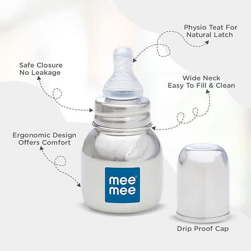 Mee Mee Baby Premium Steel Feeding Bottle for Babies/Infants/Toddlers with Advanced Anti Colic System, BPA Free, Soft Silicone Teat & Ergonomic Design (Silver, 120ML)