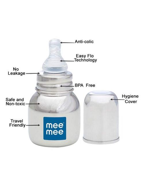 Mee Mee Baby Premium Steel Feeding Bottle for Babies/Infants/Toddlers with Advanced Anti Colic System, BPA Free, Soft Silicone Teat & Ergonomic Design (Silver, 120ML)
