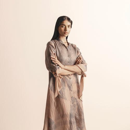 NADRU GRAPHIC PRINTED A-LINE DRESS WITH TIE-UP DETAILING IN SLEEVES