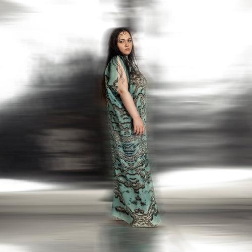 Reef Printed and Textured Raised Neck Draped Long Dress.