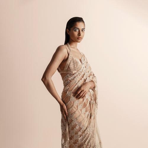 TISSUE CHANDERI SAREE WITH CREATIVE CUTWORK PAIRED WITH 3D EMBELLISHED BLOUSE