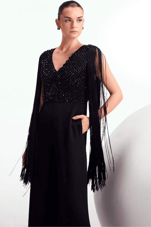 Crystal Drop Fringe Sleeves Jumpsuit