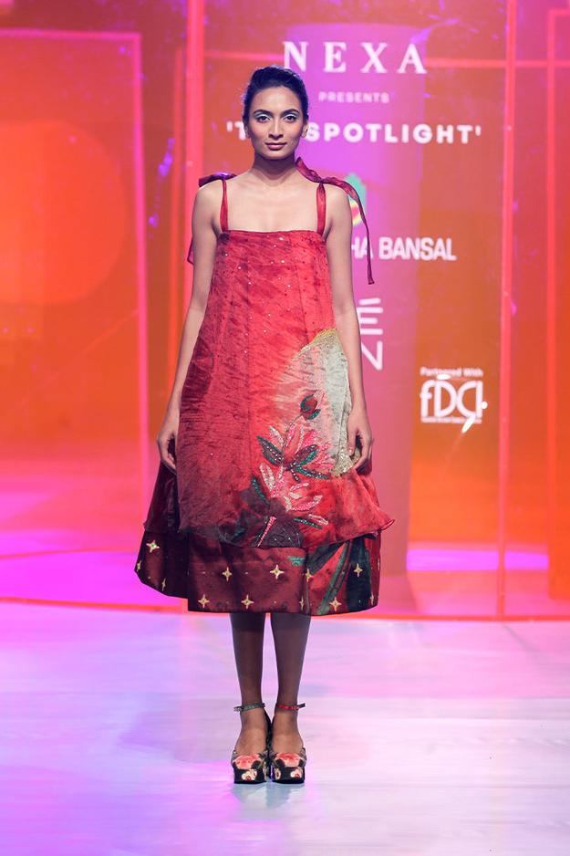 Cherry Red, Embellished Sun And Flower Print Volume Ball Dress With Embellished Organza Layer On Top