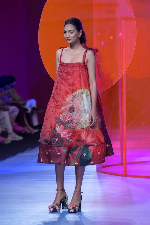 Cherry Red, Embellished Sun And Flower Print Volume Ball Dress With Embellished Organza Layer On Top