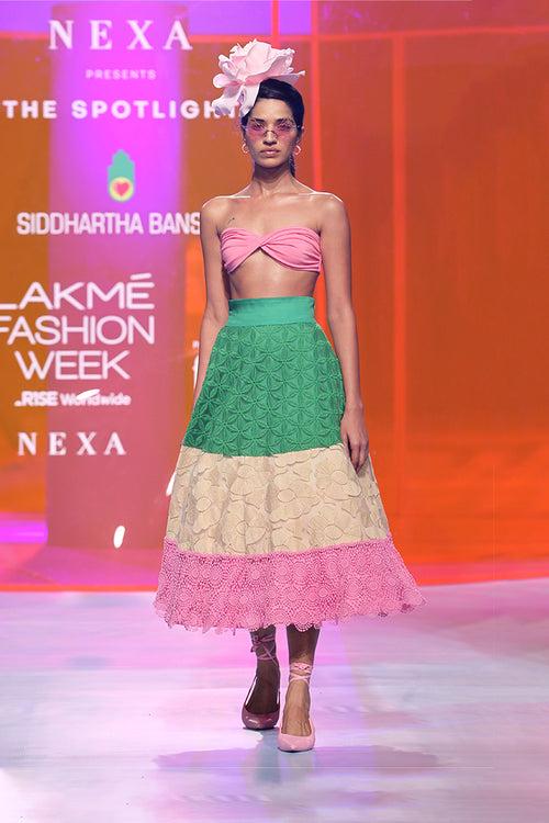 Thread Work Lace Multi Color A Line Skirt With Pink Bustier