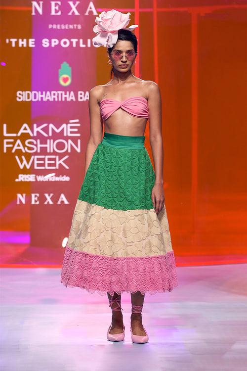 Thread Work Lace Multi Color A Line Skirt With Pink Bustier