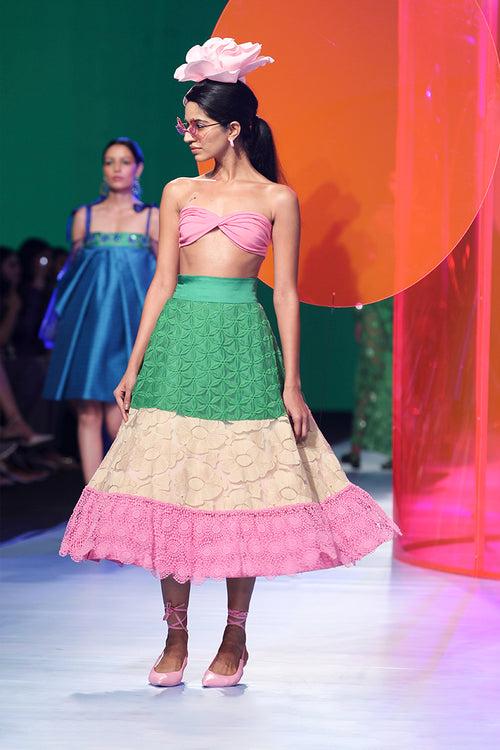 Thread Work Lace Multi Color A Line Skirt With Pink Bustier