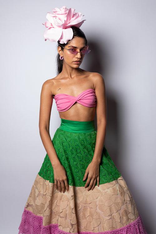 Thread Work Lace Multi Color A Line Skirt With Pink Bustier