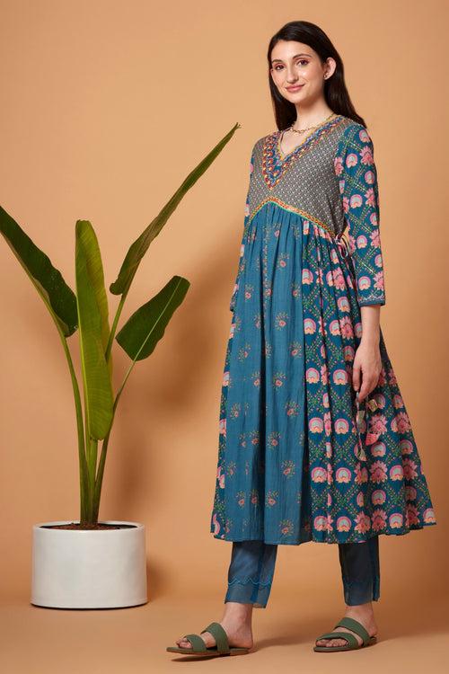 Blue Gatered Kurta With Blue  And Bright Pink Chiffon Dupatta