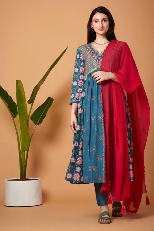 Blue Gatered Kurta With Blue  And Bright Pink Chiffon Dupatta