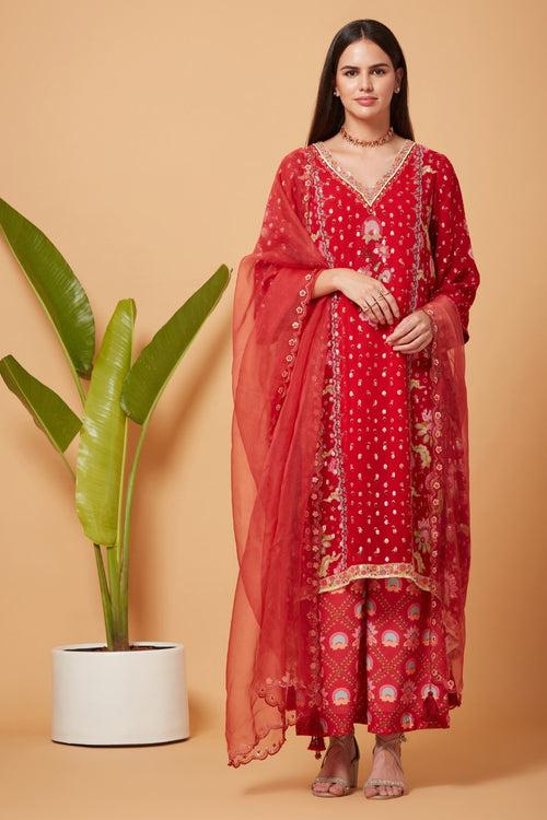 Red Golden Buta High-Low Kurta With Red Printed Pant And Red Organza Dupatta