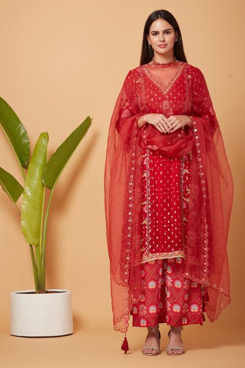 Red Golden Buta High-Low Kurta With Red Printed Pant And Red Organza Dupatta