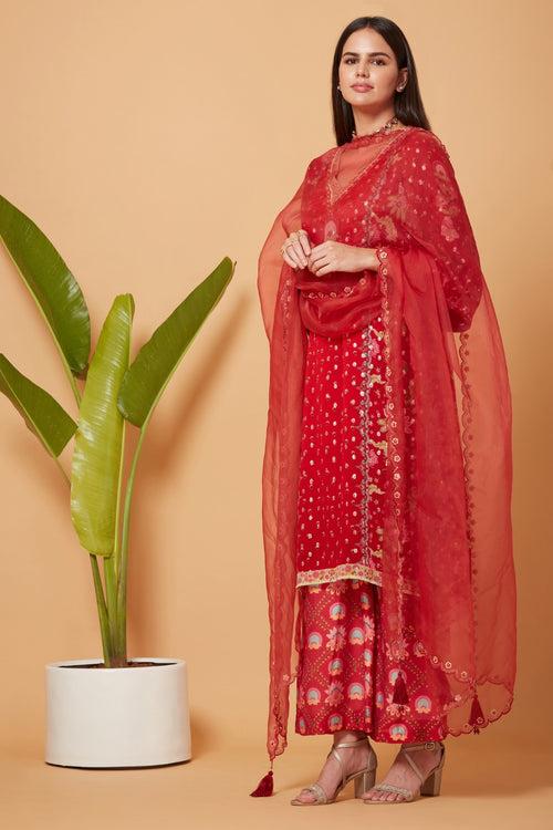 Red Golden Buta High-Low Kurta With Red Printed Pant And Red Organza Dupatta