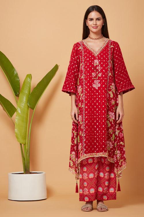 Red Golden Buta High-Low Kurta With Red Printed Pant And Red Organza Dupatta