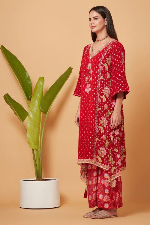 Red Golden Buta High-Low Kurta With Red Printed Pant And Red Organza Dupatta