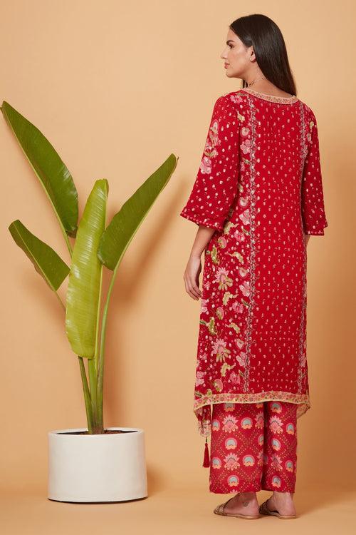 Red Golden Buta High-Low Kurta With Red Printed Pant And Red Organza Dupatta