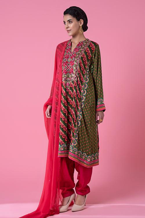 Vivid Green And Azela Pink  A-Line  Embroidered Kurta Set