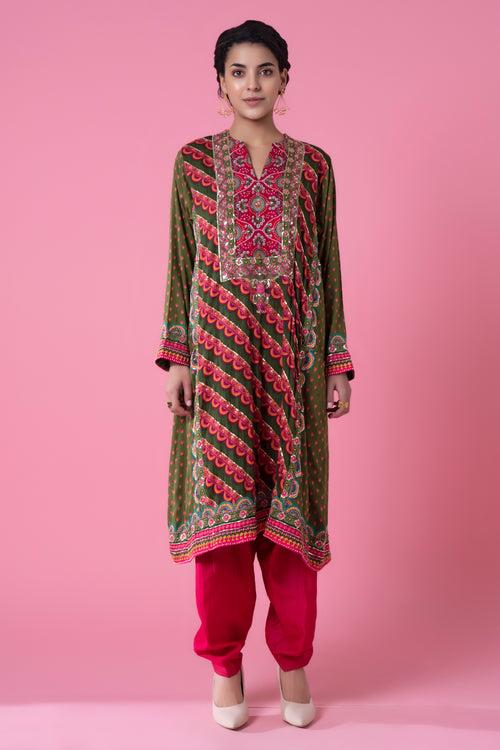 Vivid Green And Azela Pink  A-Line  Embroidered Kurta Set